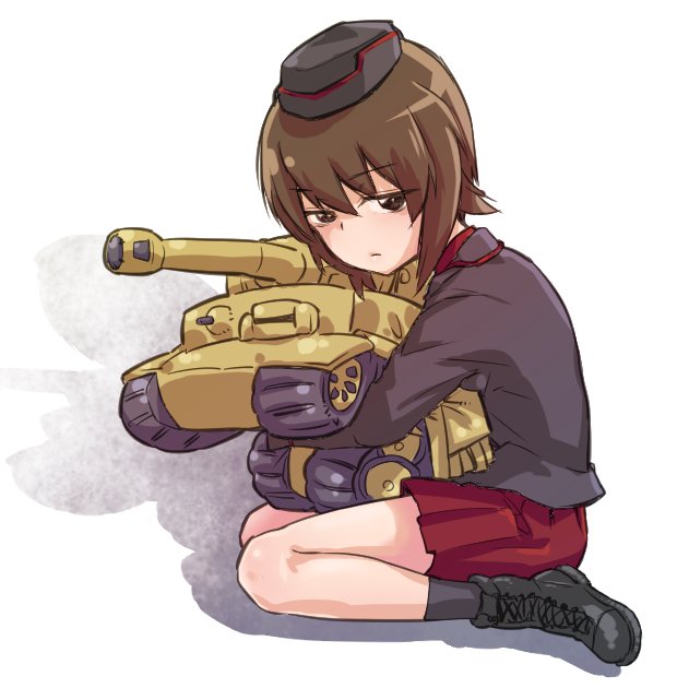 1girl ankle_boots bangs black_footwear black_hat black_jacket black_legwear boots brown_eyes brown_hair closed_mouth commentary_request eyebrows_visible_through_hair from_side garrison_cap girls_und_panzer ground_vehicle hat holding_stuffed_toy jacket kuromorimine_military_uniform light_frown long_sleeves looking_at_viewer military military_hat military_uniform military_vehicle miniskirt monolith_(suibou_souko) motor_vehicle nishizumi_maho pleated_skirt red_shirt red_skirt shadow shirt short_hair sitting skirt socks stuffed_toy tank tiger_i uniform wariza white_background