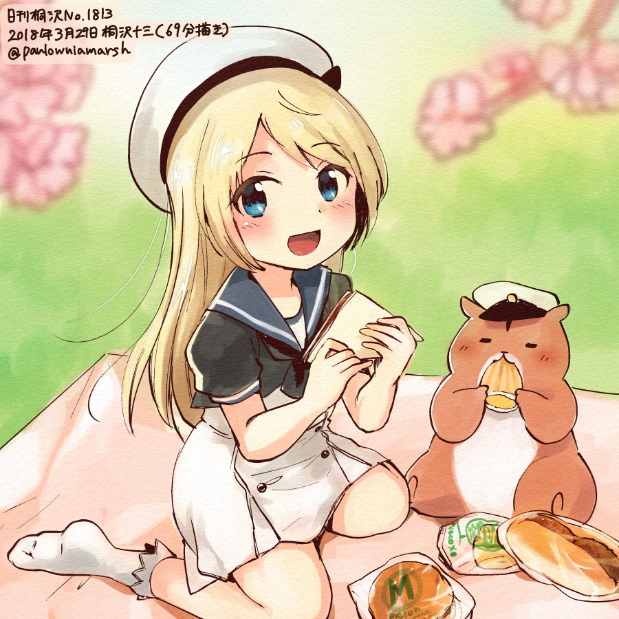 1girl :d animal blonde_hair blue_eyes blue_sailor_collar bread colored_pencil_(medium) dated dress food hamster hat holding holding_food jervis_(kantai_collection) kantai_collection kirisawa_juuzou long_hair non-human_admiral_(kantai_collection) numbered open_mouth sailor_collar sailor_dress short_sleeves smile traditional_media twitter_username white_hat