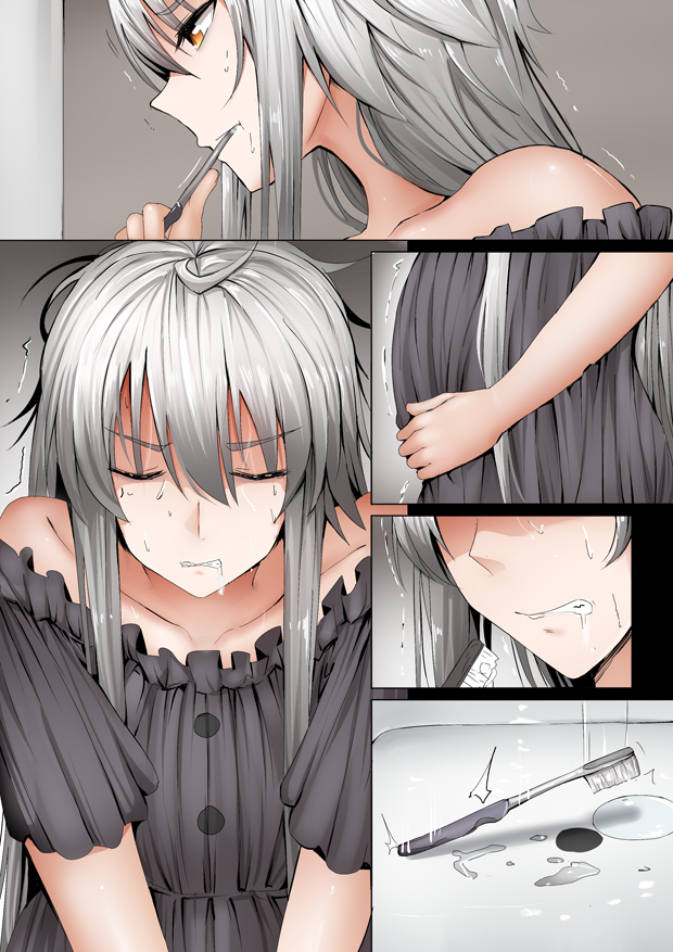 1girl black_dress brushing_teeth clenched_teeth closed_eyes comic commentary dress dropping eyebrows_visible_through_hair fate/grand_order fate_(series) ginhaha hand_on_own_stomach jeanne_d'arc_(alter)_(fate) jeanne_d'arc_(fate)_(all) long_hair pregnant silver_hair teeth toothbrush trembling yellow_eyes
