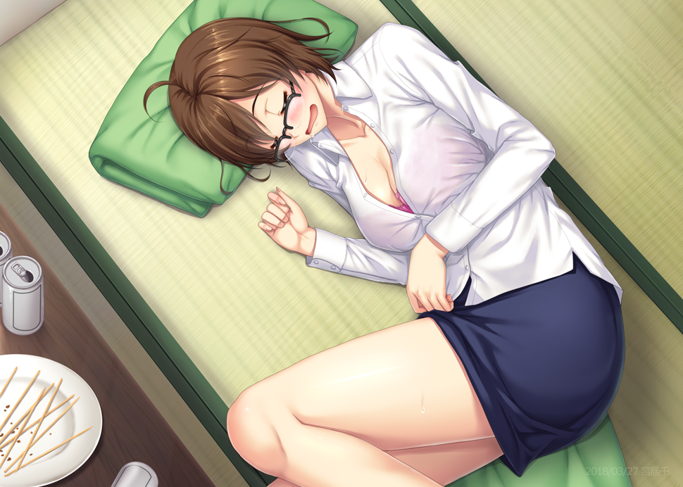 1girl ahoge beer_can black-framed_eyewear bra breasts brown_hair can cleavage closed_eyes collarbone dagashi_kashi dress_shirt drooling long_sleeves lying miyai_sen on_side open_mouth over-rim_eyewear owari_hajime pencil_skirt pink_bra saliva semi-rimless_eyewear shiny shiny_hair shirt short_hair skewer skirt sleeping smile solo tatami unbuttoned unbuttoned_shirt underwear white_shirt