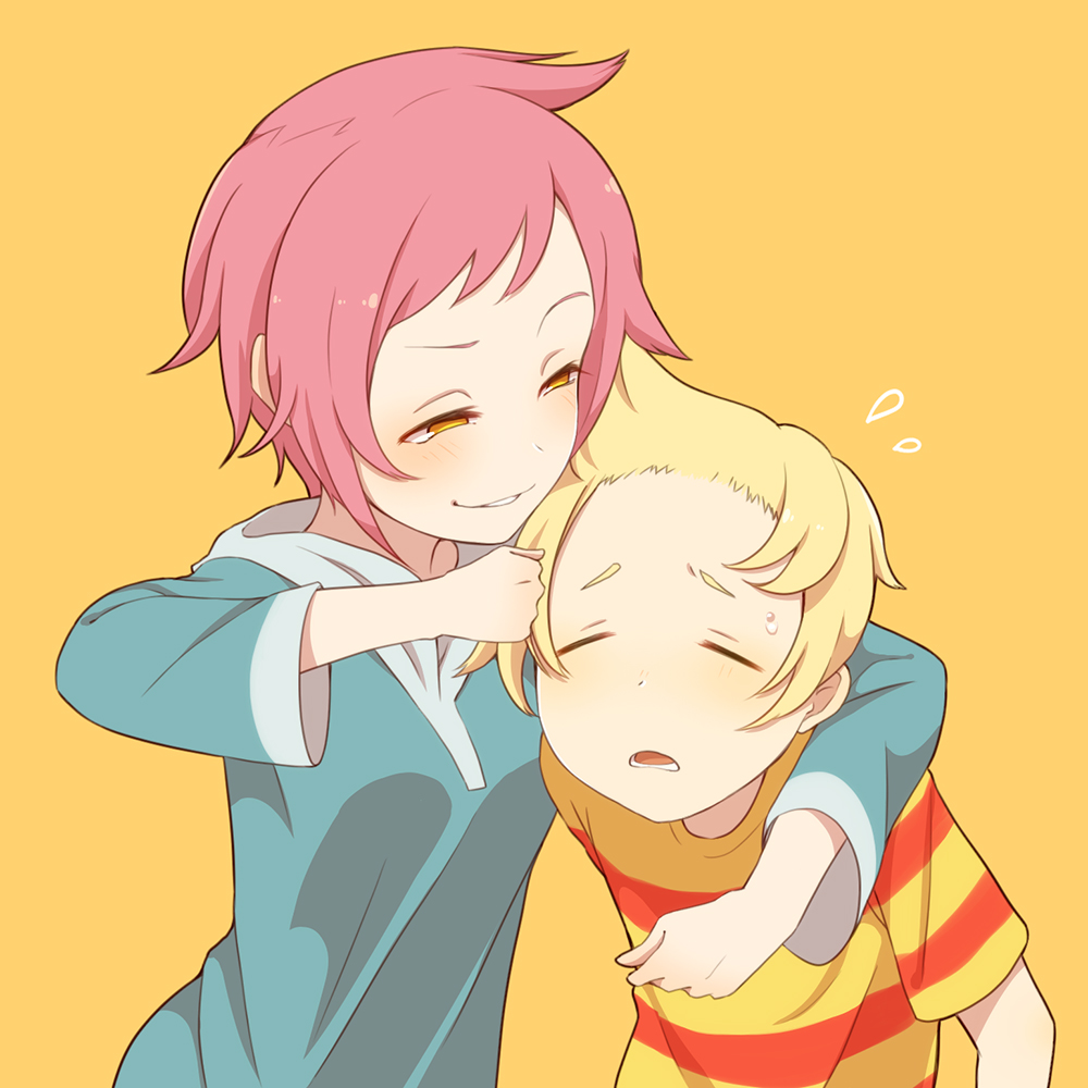 1boy 1girl blonde_hair blush bullying closed_eyes commentary_request flying_sweatdrops height_difference hood hood_down hoodie kumatora long_sleeves lucas mother_(game) mother_3 noogie pink_hair shifumame shirt short_hair simple_background smile smug striped striped_shirt t-shirt upper_body yellow_background