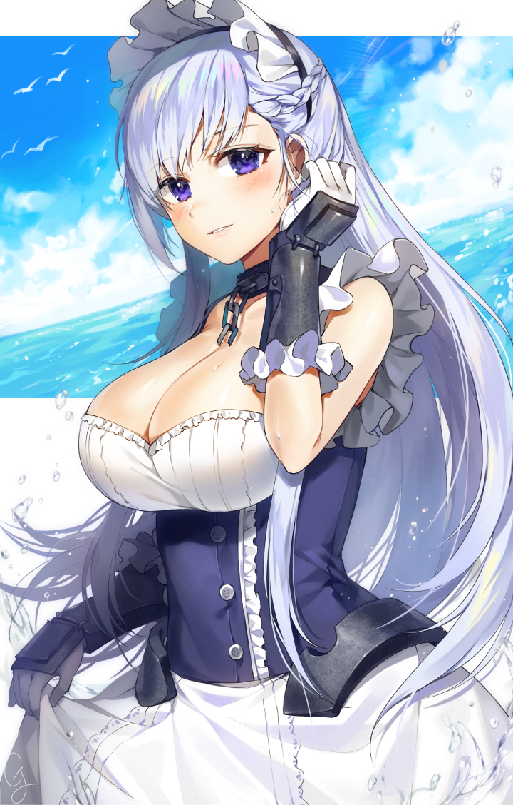 1girl apron azur_lane belfast_(azur_lane) braid breasts chains cleavage collar corset gijang gloves hair_tucking large_breasts long_hair looking_at_viewer maid maid_apron maid_headdress ocean parted_lips silver_hair solo splashing violet_eyes water_drop