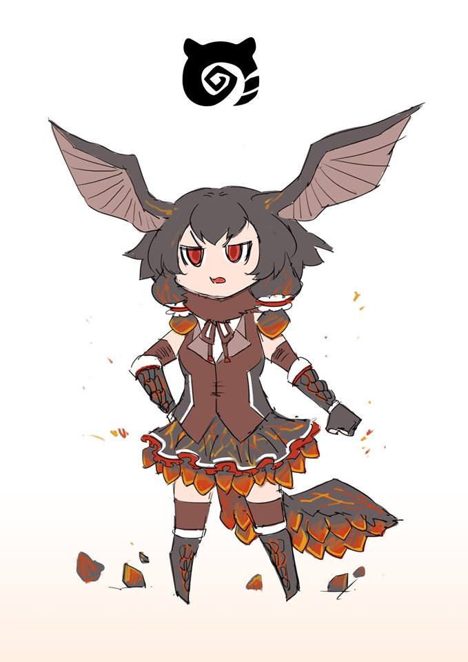 1girl bare_shoulders bazelgeuse bioluminescence black_hair boots clenched_hands commentary_request full_body fur_collar gauntlets glowing gooster hand_on_hip head_wings japari_symbol kemono_friends medium_hair monster_hunter monster_hunter:_world no_nose open_mouth outstretched_arm personification redhead scales solo standing tail v-shaped_eyebrows vest wings