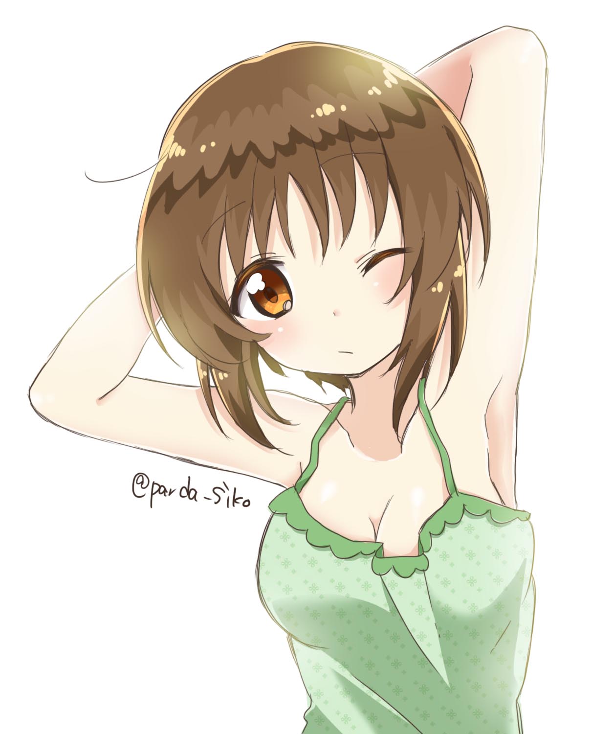 1girl armpits arms_behind_head bangs breasts brown_eyes brown_hair camisole cleavage closed_mouth colored_pencil_(medium) commentary eyebrows_visible_through_hair girls_und_panzer green_shirt highres leaning_to_the_side light_frown looking_at_viewer medium_breasts nishizumi_miho no_bra one_eye_closed parda_siko print_shirt shirt short_hair simple_background solo standing traditional_media twitter upper_body white_background
