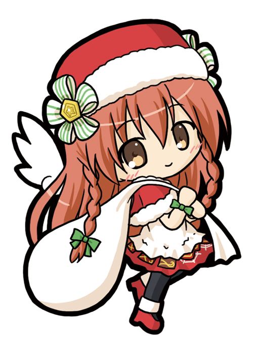 1girl bangs black_legwear blush bow braid brown_eyes brown_hair capelet character_request chibi closed_mouth dress emil_chronicle_online eyebrows_visible_through_hair full_body fur-trimmed_capelet fur-trimmed_hat fur_trim green_bow hair_between_eyes hair_bow hat high_heels holding holding_sack long_hair looking_at_viewer looking_to_the_side pantyhose red_capelet red_dress red_footwear red_hat rinechun sack simple_background smile solo standing standing_on_one_leg twin_braids very_long_hair white_background