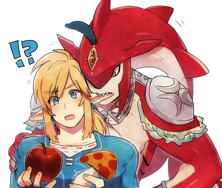 !? 2boys apple biting blonde_hair blue_eyes blush ear_biting fang fingerless_gloves food fruit gloves link male_focus monster_boy multiple_boys mushroom pointy_ears sidon surprised the_legend_of_zelda the_legend_of_zelda:_breath_of_the_wild tunic v-shaped_eyebrows yaoi yuma_(zero) zora