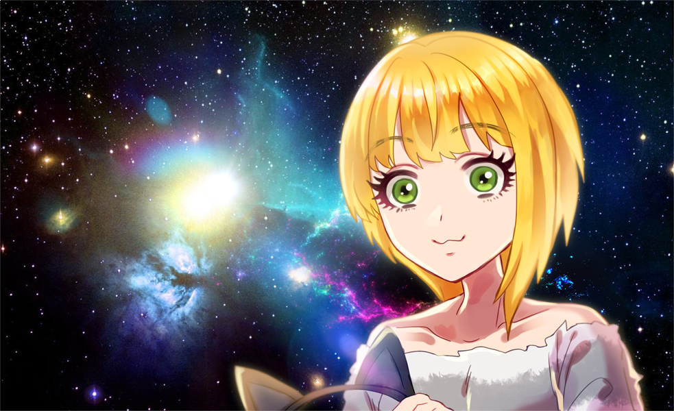 1girl :3 animal_ears asymmetrical_hair bare_shoulders blonde_hair cat_ears closed_mouth galaxy green_eyes holding idolmaster idolmaster_cinderella_girls looking_at_viewer meme miyamoto_frederica off_shoulder pohe short_hair solo space space_cat_(meme) star_(sky) wide-eyed