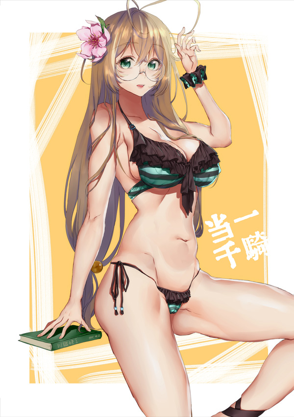 1girl antenna_hair arrow bikini blush book breasts brown_hair cleavage glasses green_eyes hair_bobbles hair_ornament ikkitousen large_breasts long_hair low-tied_long_hair navel open_mouth ryuubi_gentoku solo swimsuit very_long_hair