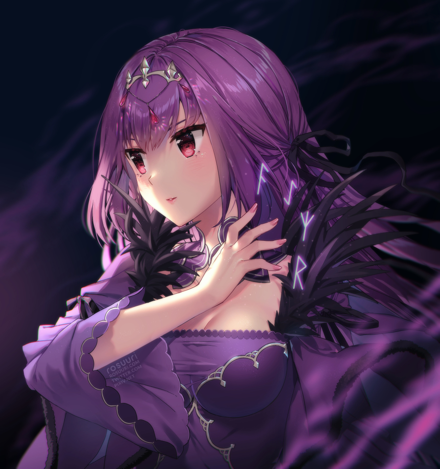 1girl artist_name bangs black_feathers black_ribbon breasts caster_(lostbelt) cleavage collar dress fate/grand_order fate_(series) feather_trim feathers hair_ornament hair_ribbon light_blush long_hair long_sleeves looking_afar medium_breasts nail_polish pink_nails purple_dress purple_hair red_eyes ribbon rosuuri upper_body wide_sleeves