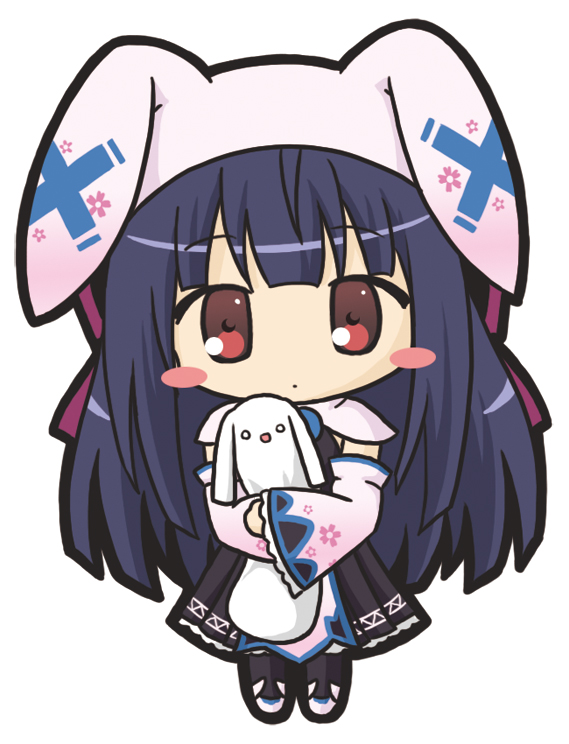 1girl animal_hat bangs black_dress black_legwear blush_stickers bunny_hat character_request chibi closed_mouth detached_sleeves dress emil_chronicle_online eyebrows_visible_through_hair full_body hair_ribbon hat long_hair long_sleeves looking_at_viewer object_hug pantyhose pink_footwear pink_hat pleated_dress purple_hair purple_ribbon red_eyes ribbon rinechun simple_background solo standing very_long_hair white_background wide_sleeves