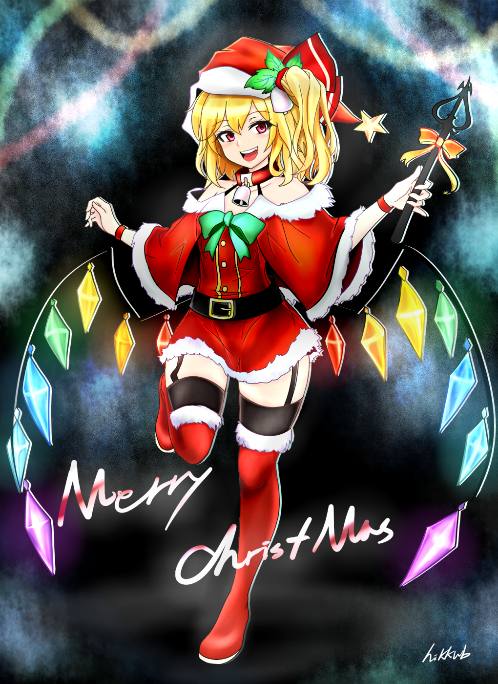 1girl :d artist_name bare_shoulders bell bell_collar belt black_belt black_legwear blonde_hair boots bow christmas collar flandre_scarlet full_body fur_trim garter_straps green_bow hair_bell hair_between_eyes hair_ornament hat highres hikkub holly_hair_ornament laevatein merry_christmas open_mouth red_eyes red_footwear santa_hat side_ponytail smile solo standing standing_on_one_leg star thigh-highs thigh_boots thighhighs_under_boots touhou wristband