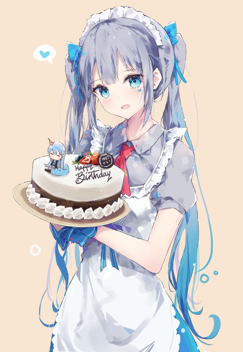 1girl :d apron ascot bangs blue_eyes blush cake english facial_mark food fruit grey_hair grey_shirt happy_birthday head_tilt headdress heart holding long_hair looking_at_viewer maid maid_apron maid_headdress multicolored_hair open_mouth red_neckwear shirt short_sleeves smile solo speech_bubble spoken_heart standing strawberry tr_(hareru) twintails upper_body wing_collar wrist_cuffs