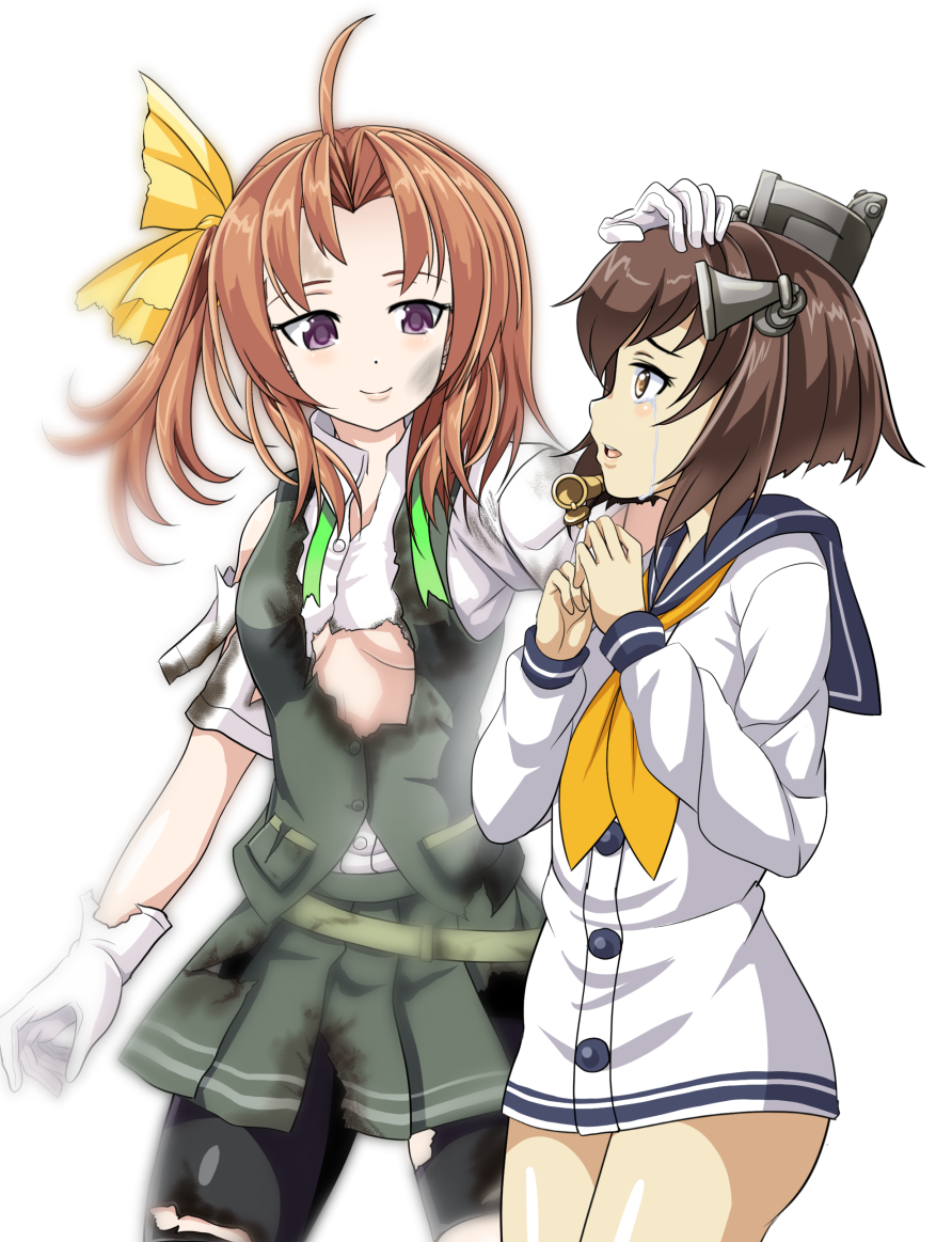 2girls ahoge bike_shorts breasts brown_eyes brown_hair buttons commentary_request cowboy_shot dress green_ribbon hair_ribbon headset kagerou_(kantai_collection) kantai_collection multiple_girls neck_ribbon neckerchief petting ribbon sailor_dress school_uniform short_hair short_sleeves shorts_under_skirt simple_background speaking_tube_headset tk8d32 torn_clothes twintails under_boob vest white_background yellow_neckwear yellow_ribbon yukikaze_(kantai_collection)