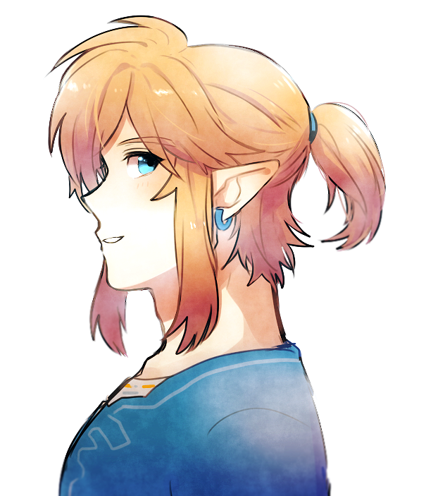 1boy bangs blonde_hair blue_eyes earrings grin jewelry link male_focus pointy_ears ponytail profile sidelocks smile solo the_legend_of_zelda the_legend_of_zelda:_breath_of_the_wild tunic yuma_(zero)