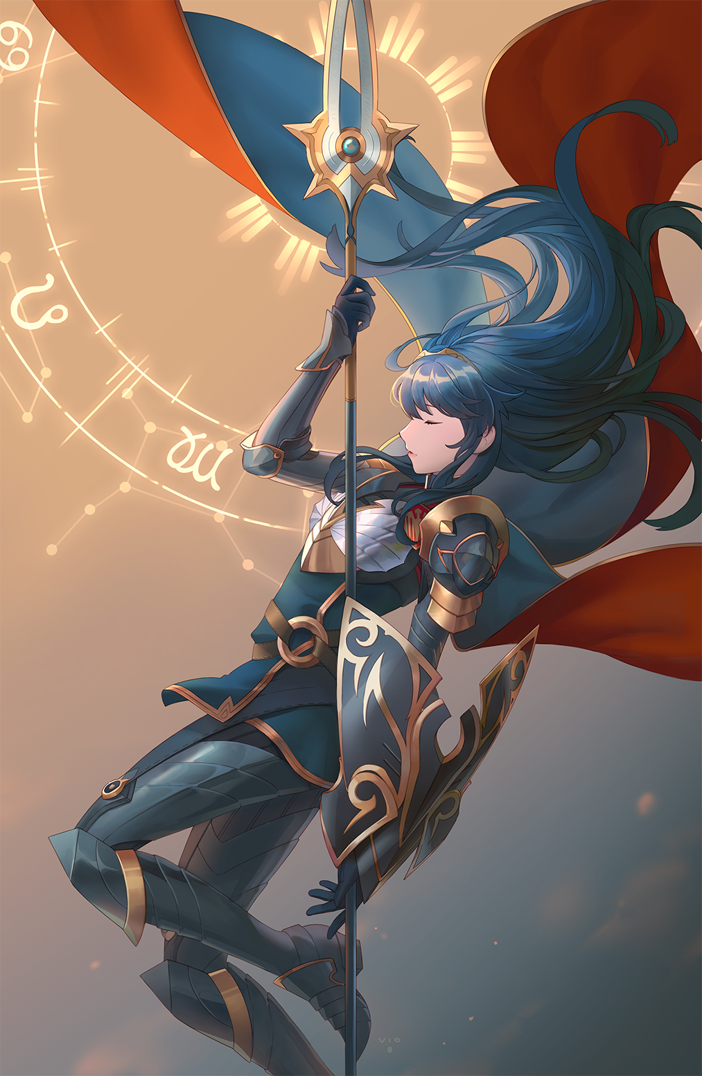 1girl armor artist_request blue blue_hair boots cape fire_emblem fire_emblem:_kakusei fire_emblem_heroes highres long_hair lucina polearm solo spear tiara weapon
