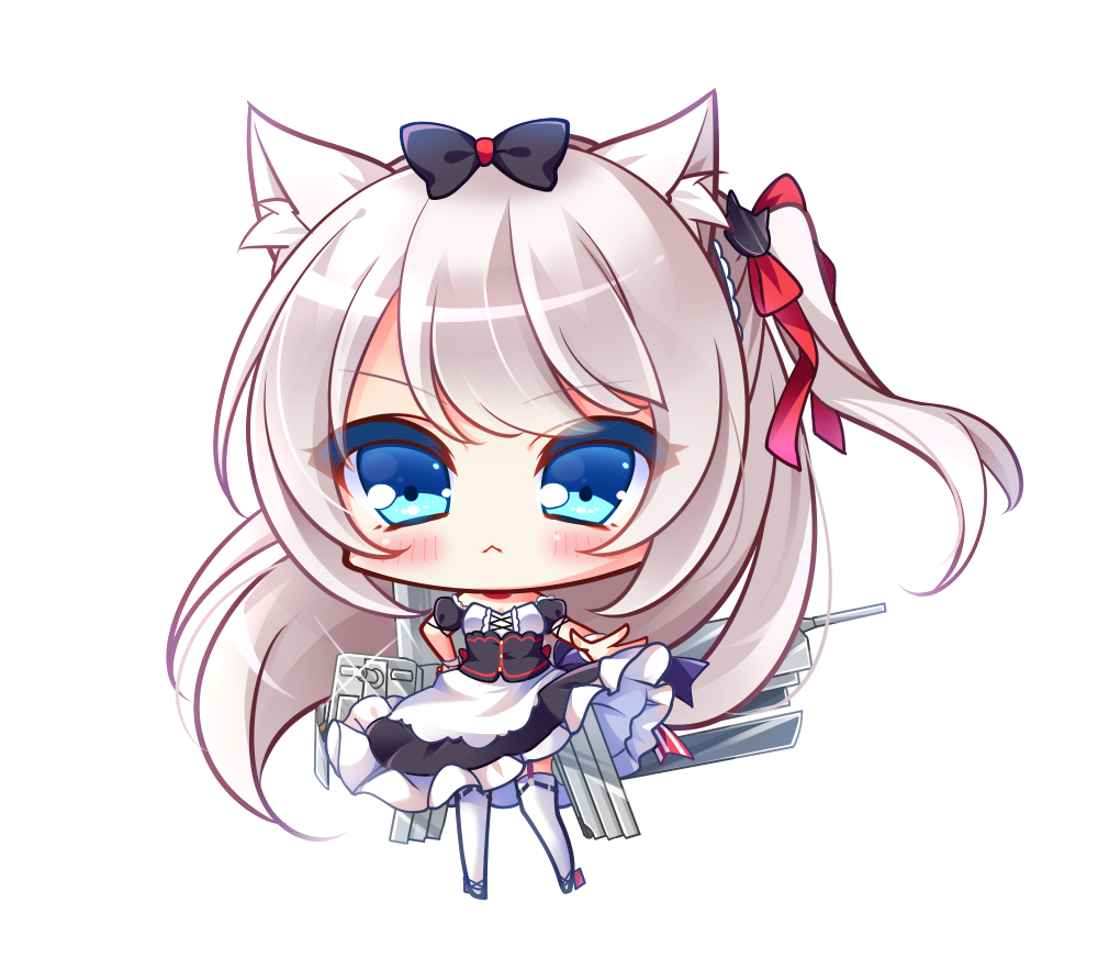 1girl :&lt; absurdly_long_hair animal_ears apron azur_lane bare_shoulders big_head black_bow black_dress black_legwear blue_eyes blush bow cat_ears cat_hair_ornament chibi closed_mouth commentary_request detached_sleeves dress frilled_dress frills full_body hair_bow hair_ornament hair_ribbon hammann_(azur_lane) hand_on_hip long_hair one_side_up outstretched_arm puffy_short_sleeves puffy_sleeves red_ribbon remodel_(azur_lane) ribbon ryuuka_sane short_sleeves silver_hair simple_background solo standing strapless strapless_dress thigh-highs very_long_hair waist_apron white_apron white_background