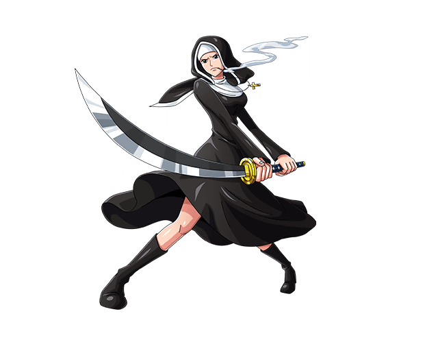 1girl bodskih boots cigarette cross cross_necklace jewelry katana miss_catherina necklace nun official_art one_piece smoke solo sword transparent_background weapon