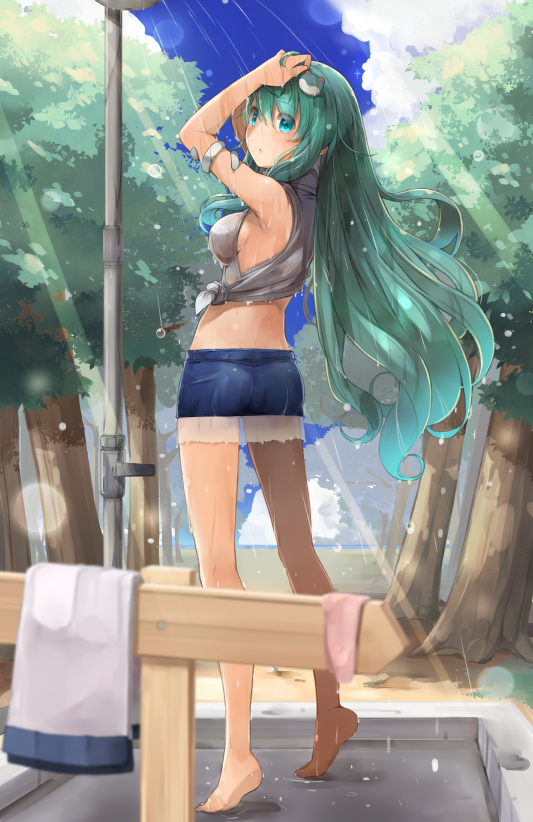 1girl alternate_costume bare_legs barefoot blue_eyes blue_sky breasts clouds commentary_request forest frog_hair_ornament green_hair hair_ornament kochiya_sanae legs long_hair looking_at_viewer medium_breasts nature outdoors shin_(new) short_shorts shorts shower sideboob sky snake solo standing touhou wet
