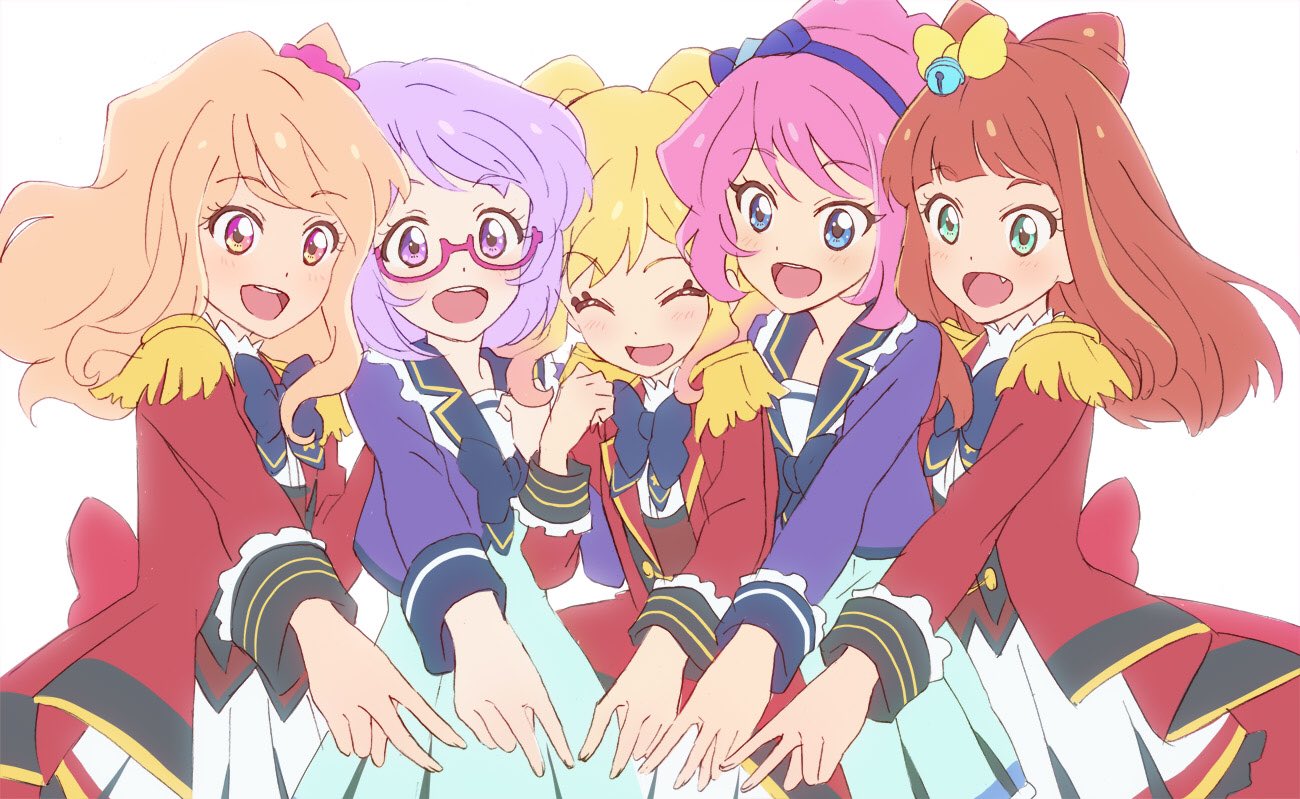 5girls aikatsu!_(series) aikatsu_stars! akitsu_tatsuya aqua_eyes bangs bell blonde_hair blue_bow blue_eyes blue_skirt blush bow closed_eyes drill_hair fang frilled_cuffs frills glasses green_eyes hair_bow hair_bun hair_ornament hand_on_hand idol_clothes jacket jingle_bell kasumi_mahiru long_hair medium_hair multicolored_hair multiple_girls nanakura_koharu nijino_yume open_mouth orange_hair pink_hair purple_glasses purple_hair purple_jacket red_jacket sakuraba_rola saotome_ako school_uniform short_hair skirt smile teeth twintails v violet_eyes wavy_hair white_background yellow_bow yotsuboshi_academy_uniform