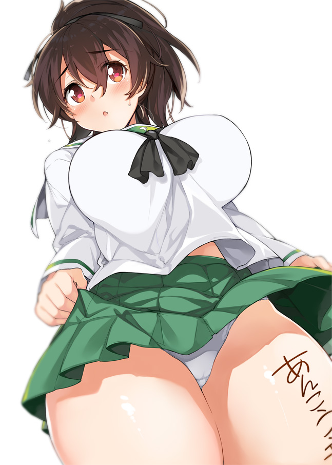 1girl aburidashi_zakuro bangs black_neckwear black_ribbon blouse blue_panties blurry blush breasts brown_eyes brown_hair closed_mouth commentary crotch_seam curvy eyebrows_visible_through_hair flying_sweatdrops girls_und_panzer green_skirt hair_ribbon koyama_yuzu large_breasts lifted_by_self long_sleeves looking_at_viewer miniskirt neckerchief ooarai_school_uniform panties parted_lips pleated_skirt ribbon school_uniform serafuku short_hair short_ponytail simple_background skirt skirt_lift solo standing sweatdrop thick_thighs underwear white_background white_blouse wide_hips