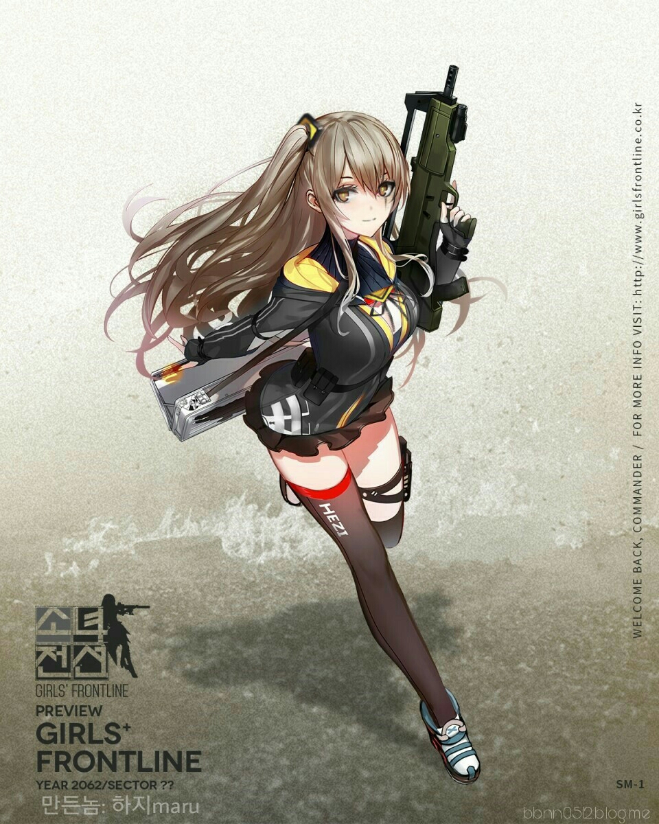 1girl alternate_costume alternate_weapon breasts brown_hair bullpup character_name cleavage commentary commentary_request derivative_work fingerless_gloves full_body girls_frontline gloves gun gun_case highres long_hair looking_at_viewer notmaru side_ponytail suppressor thigh-highs thigh_strap turtleneck ump45_(girls_frontline) weapon yellow_eyes