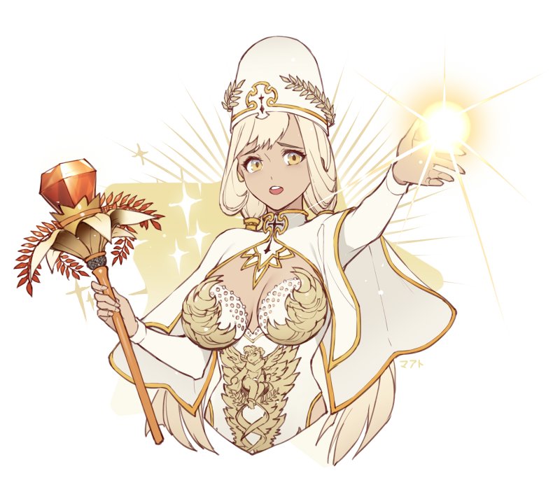 1girl blonde_hair breasts breasts_apart capelet copyright_request destiny_child hand_up hat holding large_breasts looking_at_viewer scepter solo sparks upper_body yue_(kingdom1259)