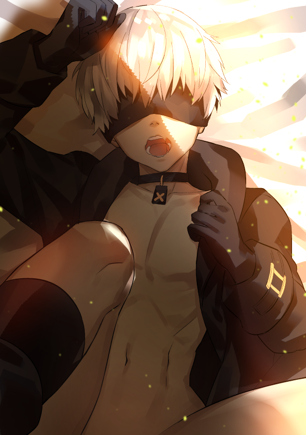 1boy abs android black_gloves black_jacket blindfold choker gloves jacket knee_up long_sleeves lying navel nier_(series) nier_automata on_back open_clothes open_jacket open_mouth pectorals short_hair silver_hair sunlight teeth tongue xuanguanzang yorha_no._9_type_s