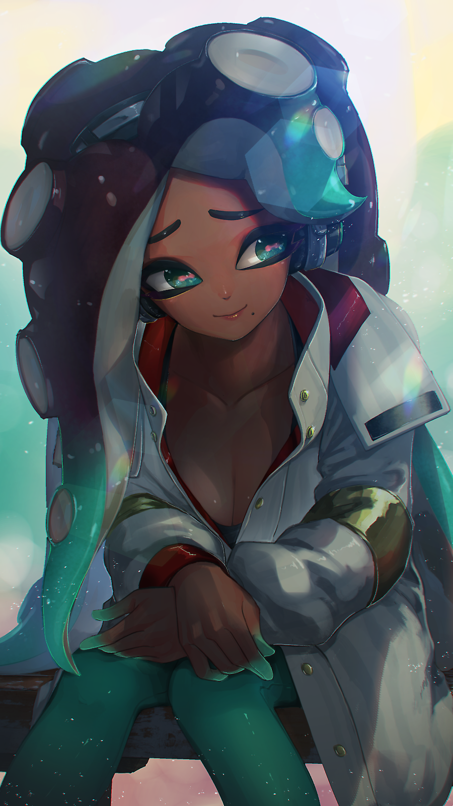1girl bench black_hair black_shirt breasts buttons cephalopod_eyes chromatic_aberration cleavage closed_mouth coat collarbone dark_skin dust gradient_hair green_eyes green_legwear head_tilt headphones highres iida_(splatoon) kashu_(hizake) large_breasts leaning_forward lens_flare long_hair long_sleeves looking_away mole mole_under_mouth multicolored multicolored_hair multicolored_skin octarian open_clothes open_coat outdoors own_hands_together pantyhose pink_pupils rainbow shirt side_glance sitting smile solo splatoon splatoon_2 suction_cups sunlight tentacle_hair unbuttoned very_long_hair white_coat