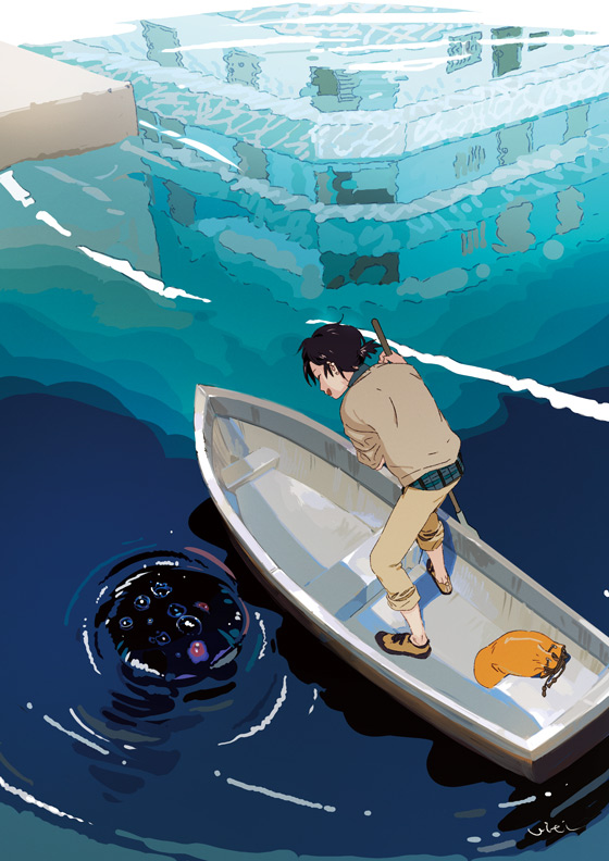 1boy :d bag boat brown_hair bubble building creature day holding jacket monster oar open_mouth original outdoors pants ponytail reflection ripples shirt shoes signature smile solo standing ukumo_uichi watercraft