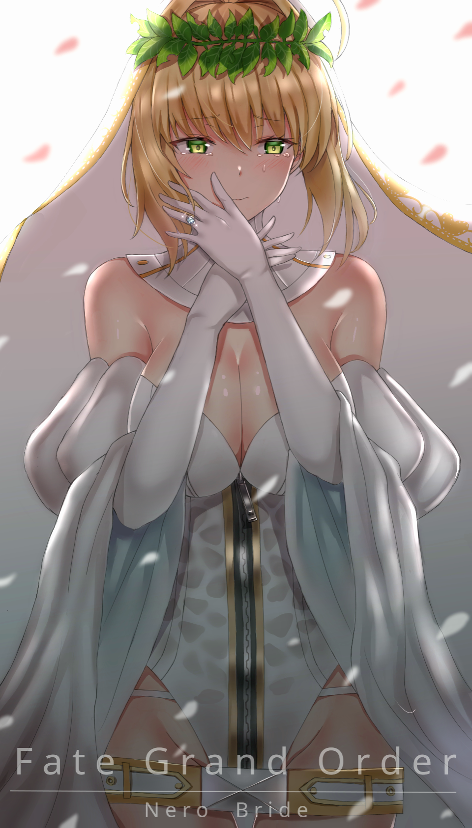 1girl ahoge bangs bare_shoulders belt belt_buckle blonde_hair blush breasts bridal_veil buckle character_name cleavage detached_collar elbow_gloves eyebrows_visible_through_hair farys_(afopahqfw) fate/extra fate/extra_ccc fate/grand_order fate_(series) full-length_zipper gloves green_eyes hair_intakes head_wreath highres hips jewelry large_breasts leotard nero_claudius_(bride)_(fate) nero_claudius_(fate) nero_claudius_(fate)_(all) petals ring sash simple_background solo tears veil wedding_band white_background white_gloves white_leotard wreath zipper zipper_pull_tab