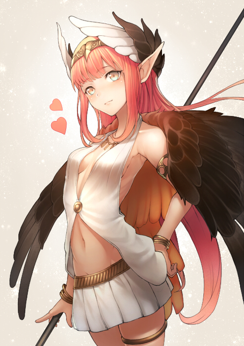 1girl armlet armpits bangs bare_shoulders black_wings blue_eyes blush bracelet breasts brown_background brown_eyes circe_(fate/grand_order) closed_mouth cowboy_shot eyebrows_visible_through_hair fate/grand_order fate_(series) feathered_wings gradient gradient_background hairband hand_on_hip head_wings holding holding_staff jewelry kyoeiki lips long_hair miniskirt multicolored multicolored_eyes navel necklace pink_hair pleated_skirt pointy_ears skirt small_breasts smile solo staff standing stomach tareme thigh_strap very_long_hair white_skirt wings