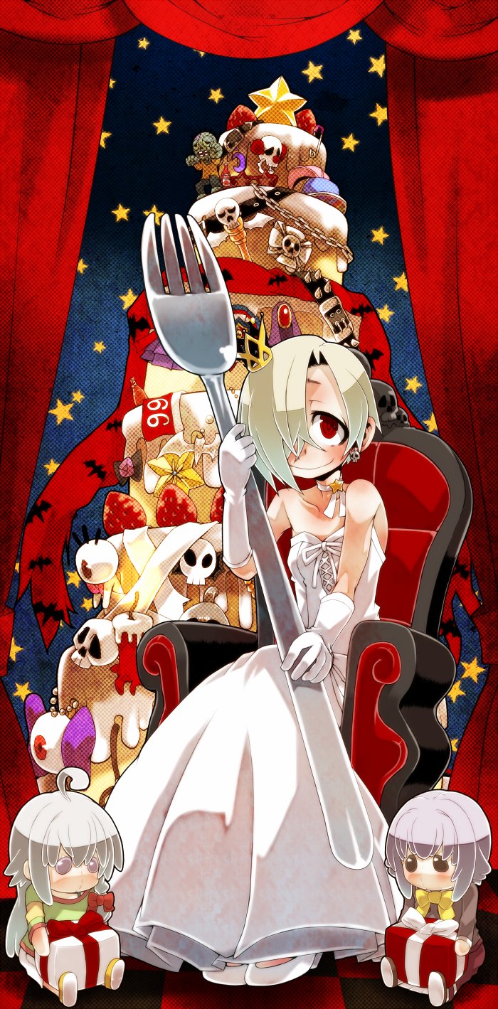 1girl ayame_(0419) belt cake candle chains chair crown dress elbow_gloves eyes food fork fruit gift gloves highres hoshi_shouko idolmaster idolmaster_cinderella_girls koshimizu_sachiko long_dress red_eyes shirasaka_koume short_hair skull smile solo star starry_background strawberry stuffed_toy white_dress white_footwear zombie