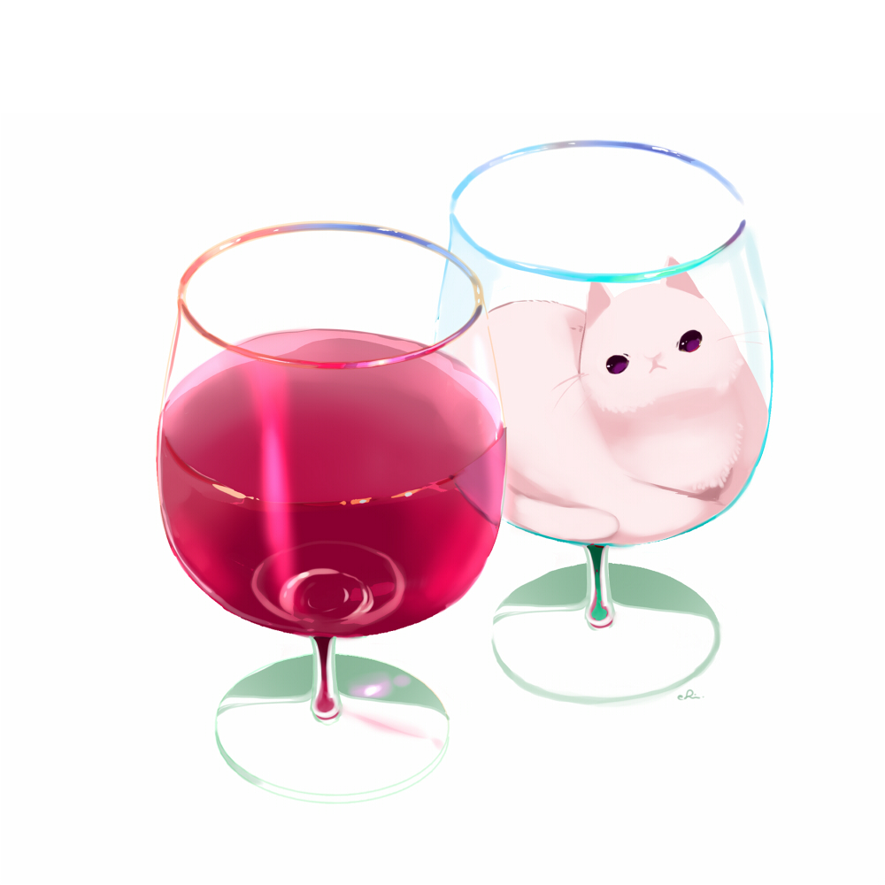 alcohol cat chai commentary_request cup drinking_glass in_container in_cup looking_at_viewer no_humans original signature undersized_animal white_background white_cat wine wine_glass