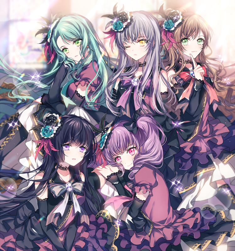 5girls aqua_hair arm_warmers bang_dream! bangs black_choker black_hair bow bowtie brooch brown_hair choker dress feathers flower frilled_sleeves frills green_eyes grey_neckwear hair_feathers hair_flower hair_ornament hikawa_sayo imai_lisa index_finger_raised jewelry lace_choker long_hair looking_at_viewer minato_yukina multiple_girls nennen one_eye_closed parted_lips pink_eyes pink_neckwear purple_hair purple_neckwear red_neckwear roselia_(bang_dream!) shirokane_rinko short_sleeves silver_hair smile sparkle twintails udagawa_ako violet_eyes yellow_eyes