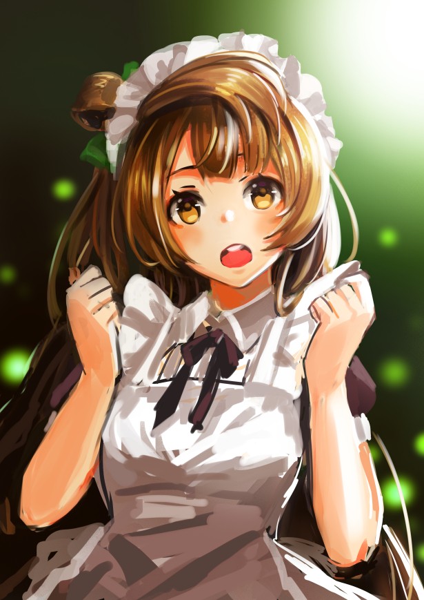 1girl apron black_neckwear blush bow brown_eyes brown_hair clenched_hands frills green_bow hair_bow hands_up long_hair love_live! love_live!_school_idol_project maid maid_apron maid_headdress minami_kotori neck_ribbon open_mouth puffy_short_sleeves puffy_sleeves ribbon short_sleeves sparkle_background upper_body upper_teeth white_apron xuanguanzang