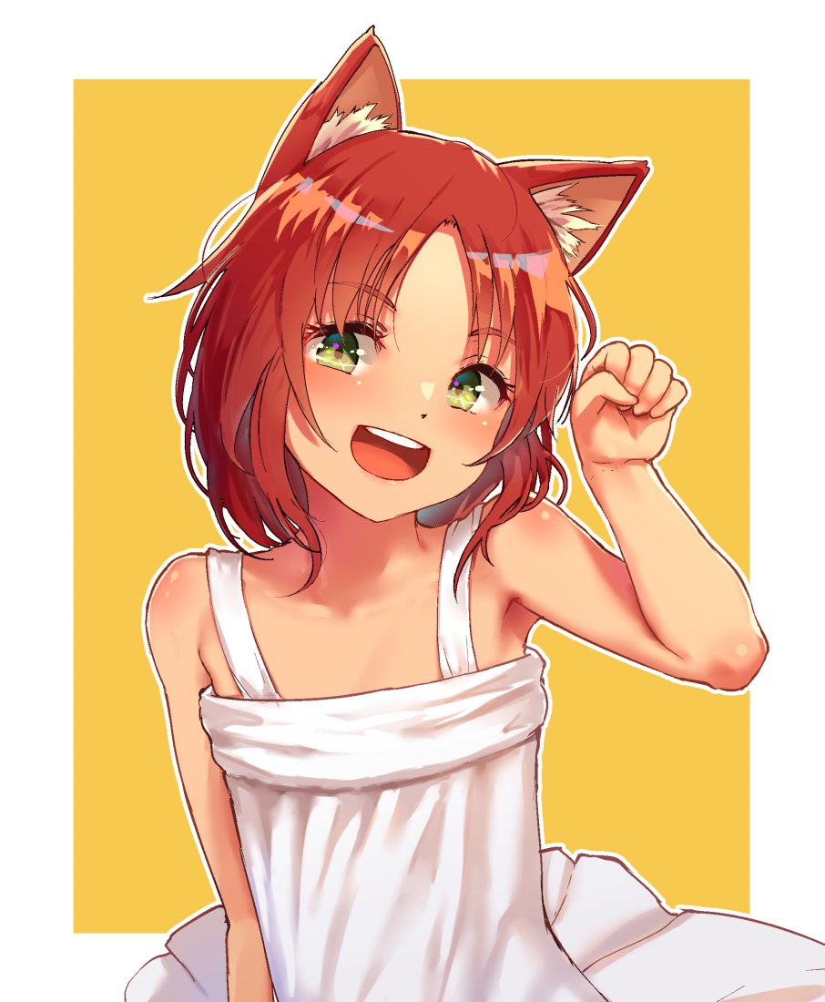 1girl :d animal_ears arm_up bangs bare_arms bare_shoulders blush dog_ears dress eyebrows_visible_through_hair looking_at_viewer open_mouth original parted_bangs paw_pose redhead satsuki_neko short_hair simple_background smile solo sundress upper_body white_dress yellow_background