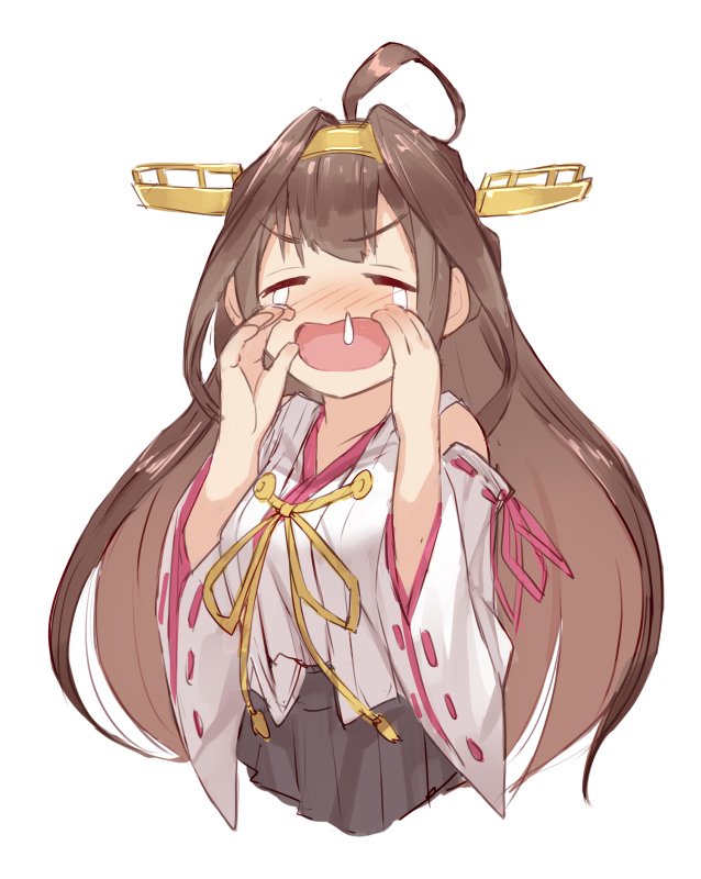 1girl =_= ahoge black_skirt blush brown_hair closed_eyes commentary_request crying d: eyebrows_visible_through_hair facing_viewer fumikiri headgear kantai_collection kongou_(kantai_collection) long_hair nontraditional_miko nose_blush open_mouth pleated_skirt simple_background skirt snot solo tears upper_body v-shaped_eyebrows white_background