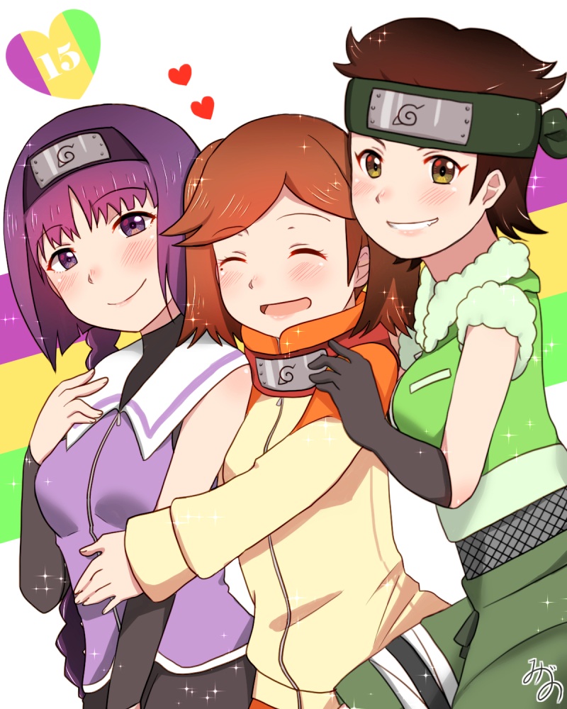 3girls bare_shoulders blush boruto:_naruto_next_generations braid breasts brown_hair closed_eyes green_eyes green_shorts izuno_wasabi kakei_sumire konohagakure_symbol long_hair looking_at_viewer medium_breasts mizuno_12 mole mole_under_eye multiple_girls naruto open_mouth purple_hair short_hair shorts small_breasts smile suzumeno_namida twin_braids twintails very_long_hair violet_eyes