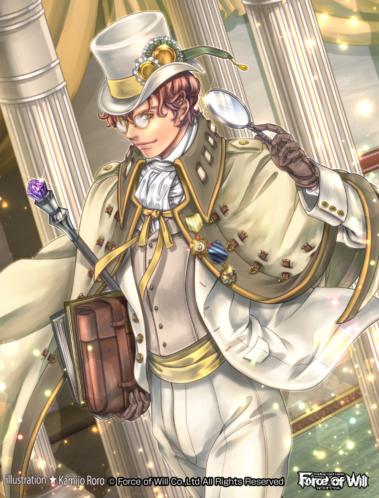 1boy artist_name book brown_hair cape copyright_name curtains force_of_will gem glasses gloves hat kamijororo male_focus official_art solo sparkle staff yellow_eyes