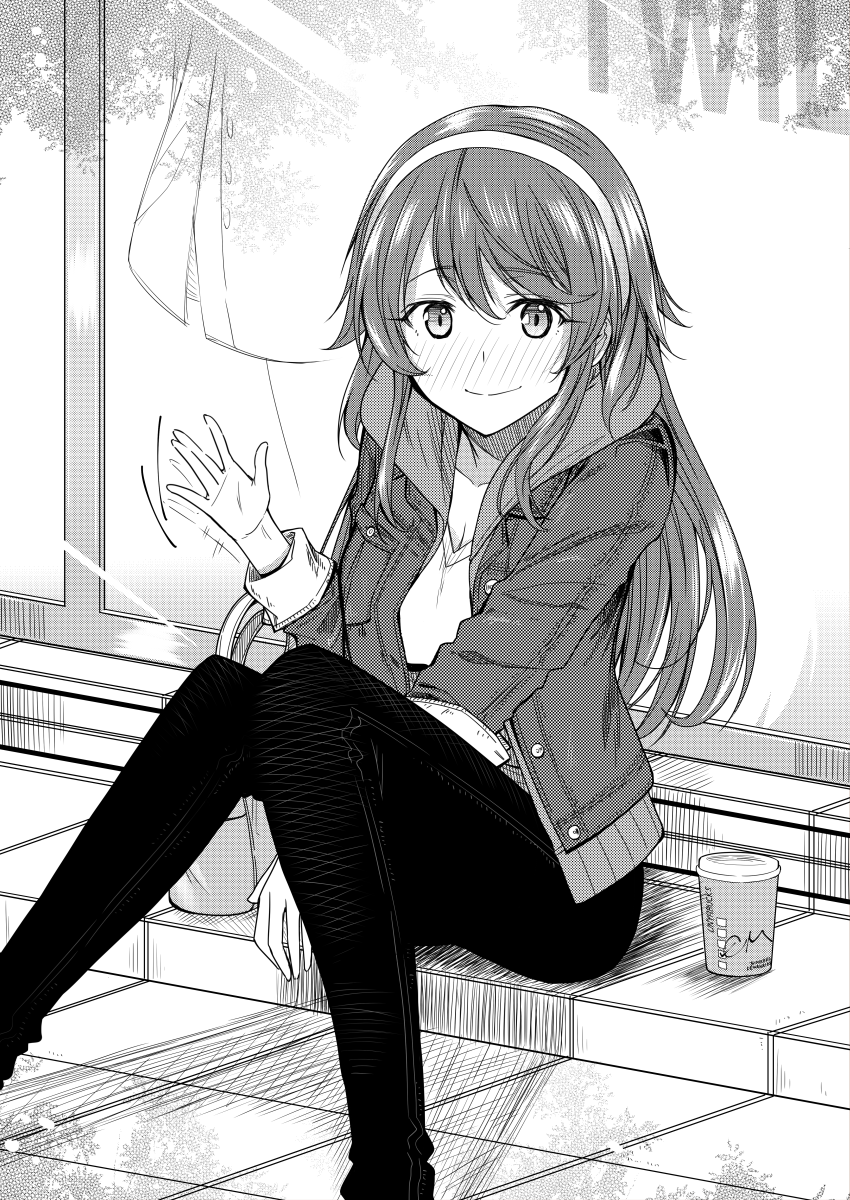 1girl alternate_costume ashigara_(kantai_collection) blush commentary_request greyscale hairband hand_wave highres kantai_collection long_hair looking_at_viewer monochrome ototsu_kei pants revision sitting smile solo