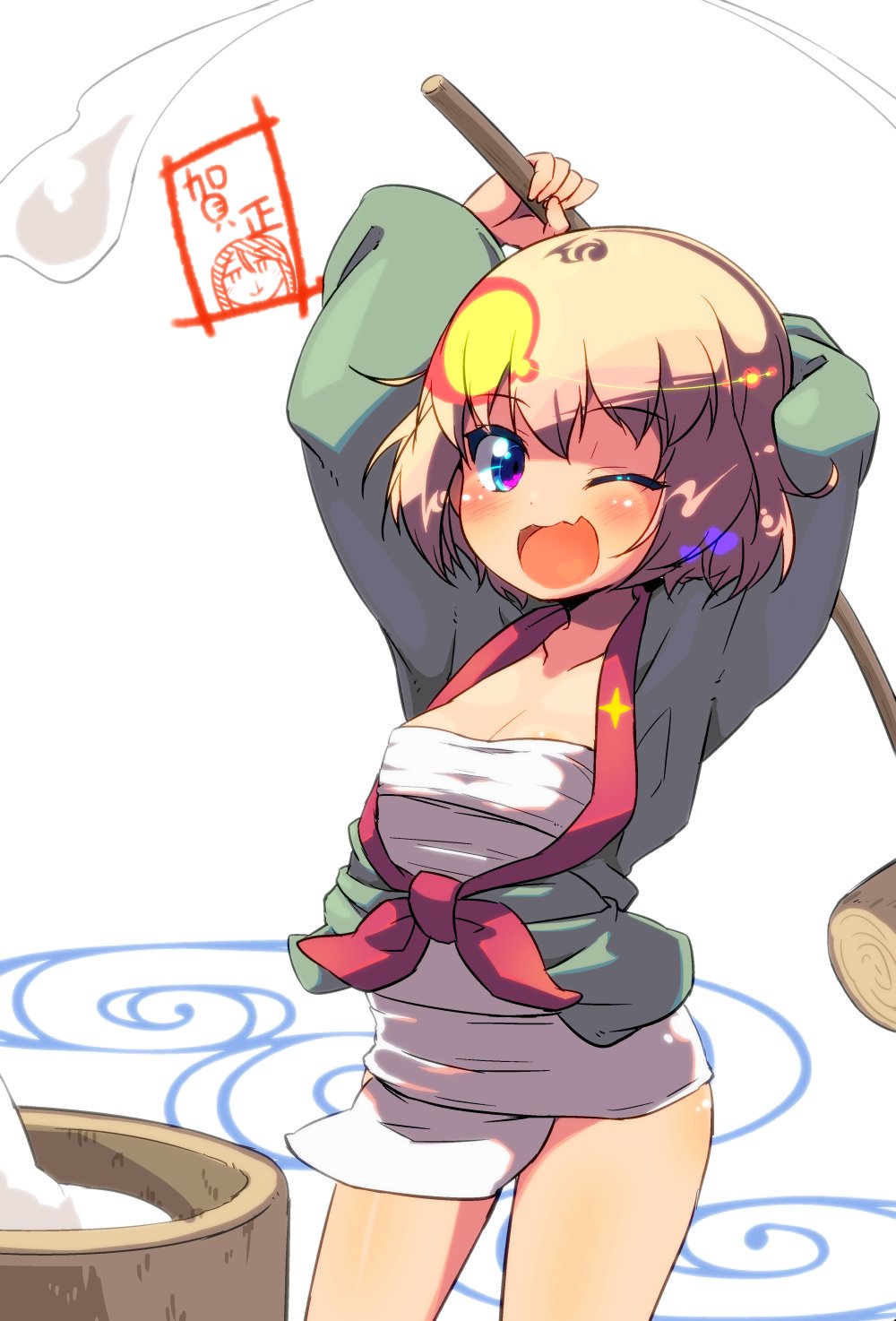 1girl ;d arms_behind_head artist_name bangs blonde_hair blue_eyes breasts cleavage commentary cowboy_shot emblem eyebrows_visible_through_hair fang food fundoshi girls_und_panzer green_shirt highres holding holding_mallet japanese_clothes katyusha long_sleeves looking_at_viewer mallet mochi nonna one_eye_closed open_clothes open_mouth open_shirt sarashi shiny shiny_hair shirt short_hair signature small_breasts smile solo standing sw wagashi white_background