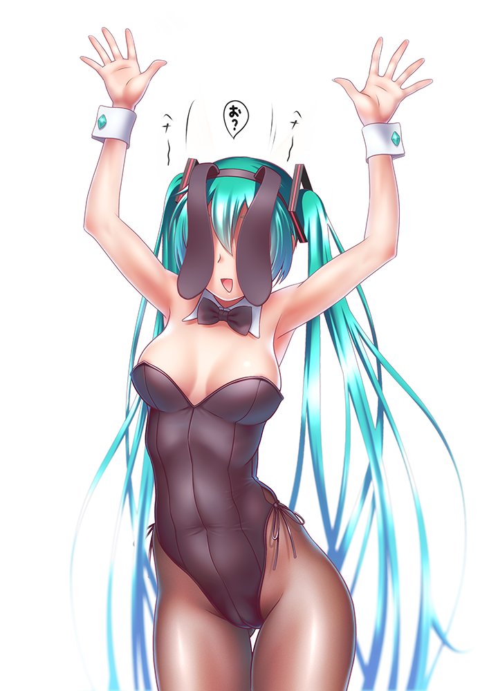 1girl animal_ears aqua_hair arms_up black_leotard black_neckwear bow bowtie breasts brown_legwear bunnysuit covering_eyes cowboy_shot detached_collar fake_animal_ears gluteal_fold hatsune_miku leotard long_hair open_mouth pantyhose rabbit_ears simple_background small_breasts smile solo standing strapless strapless_leotard thigh_gap twintails very_long_hair vocaloid white_background wokada wrist_cuffs