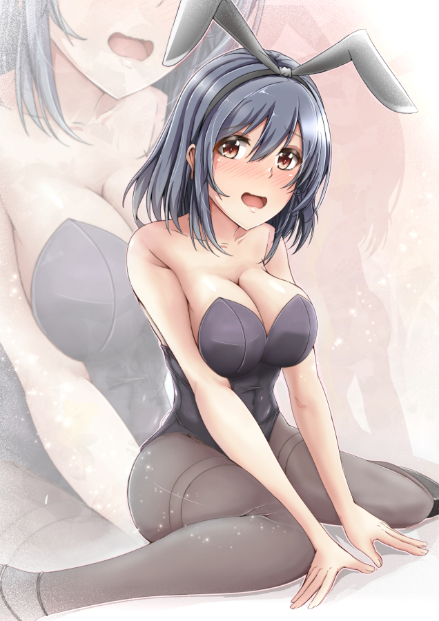 1girl alternate_costume animal_ears bare_shoulders black_hair black_legwear black_leotard blush breasts bunnysuit cleavage commentary_request embarrassed fake_animal_ears hairband kantai_collection large_breasts leotard looking_at_viewer open_mouth pantyhose red_eyes shohei_(piranha5hk) short_hair sitting solo strapless strapless_leotard thighband_pantyhose wariza yamashiro_(kantai_collection) zoom_layer