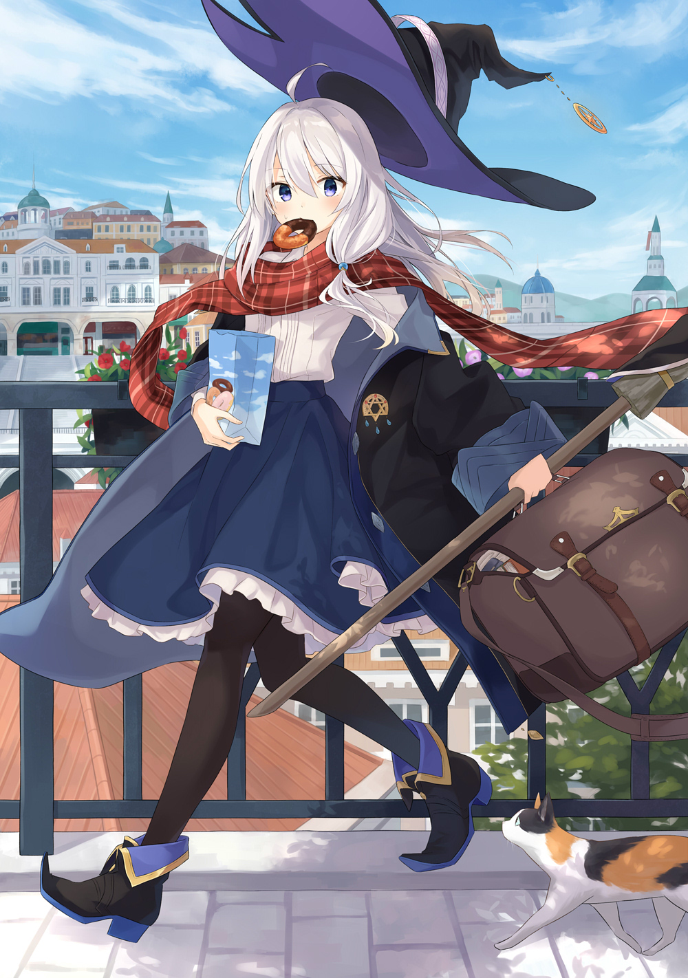 1girl ahoge azuuru bag black_footwear black_hat black_legwear blue_eyes blue_skirt blue_sky blush boots broom building calico cat city clouds copyright_name cover cover_page day doughnut dress_shirt eating elaina_(majo_no_tabitabi) eyebrows_visible_through_hair floating_hair food food_in_mouth frilled_skirt frills front_cover full_body hair_between_eyes hair_tie hat hat_ribbon high-waist_skirt high_heel_boots high_heels highres holding holding_bag holding_broom long_hair long_sleeves looking_at_viewer majo_no_tabitabi mouth_hold novel_cover official_art outdoors pantyhose paper_bag plaid plaid_scarf red_scarf ribbon scarf shirt silver_hair skirt sky solo title walking white_shirt wide_sleeves witch_hat