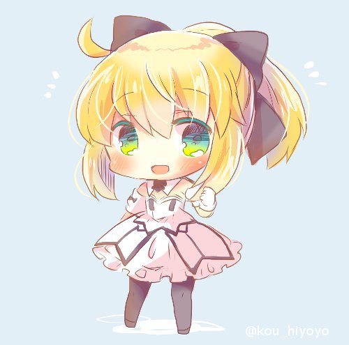 1girl :d artoria_pendragon_(all) bangs black_bow black_footwear black_legwear blonde_hair blue_background blush bow carnival_phantasm chibi dress eyebrows_visible_through_hair fate/grand_order fate/stay_night fate/unlimited_codes fate_(series) full_body gloves green_eyes hair_between_eyes hair_bow kouu_hiyoyo looking_at_viewer lowres open_mouth pantyhose ponytail saber_lily sidelocks smile solo standing strapless strapless_dress twitter_username white_dress white_gloves
