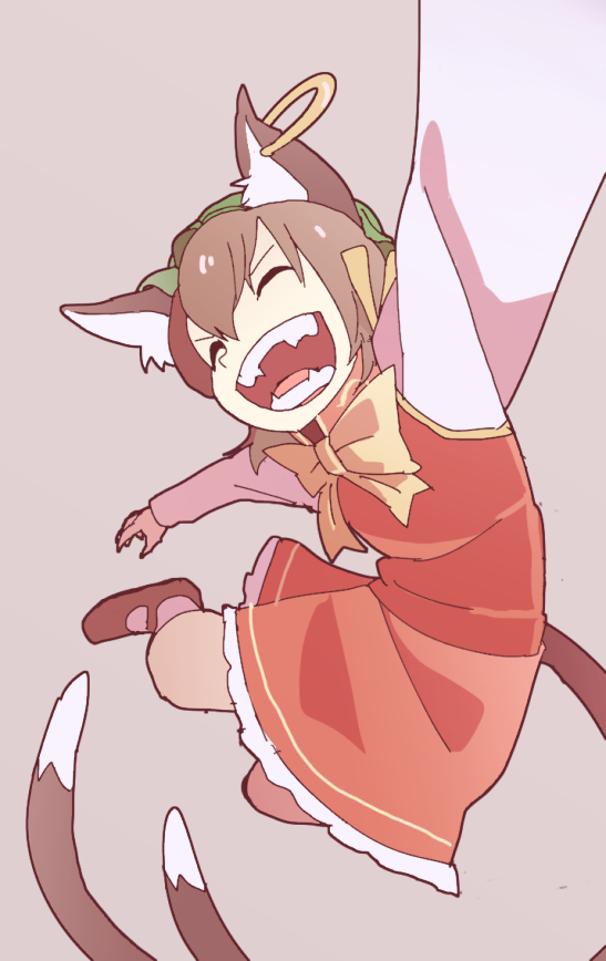 &gt;:d 1girl ^_^ animal_ears arm_up bow bowtie brown_hair cat_ears cat_tail chen closed_eyes dress earrings fangs foreshortening full_body green_hat grey_background hair_between_eyes hat hoop_earrings jewelry long_sleeves midair mob_cap multiple_tails nekomata open_mouth outstretched_arm red_dress short_hair simple_background single_earring smile solo tail taracod teeth touhou two_tails v-shaped_eyebrows yellow_neckwear