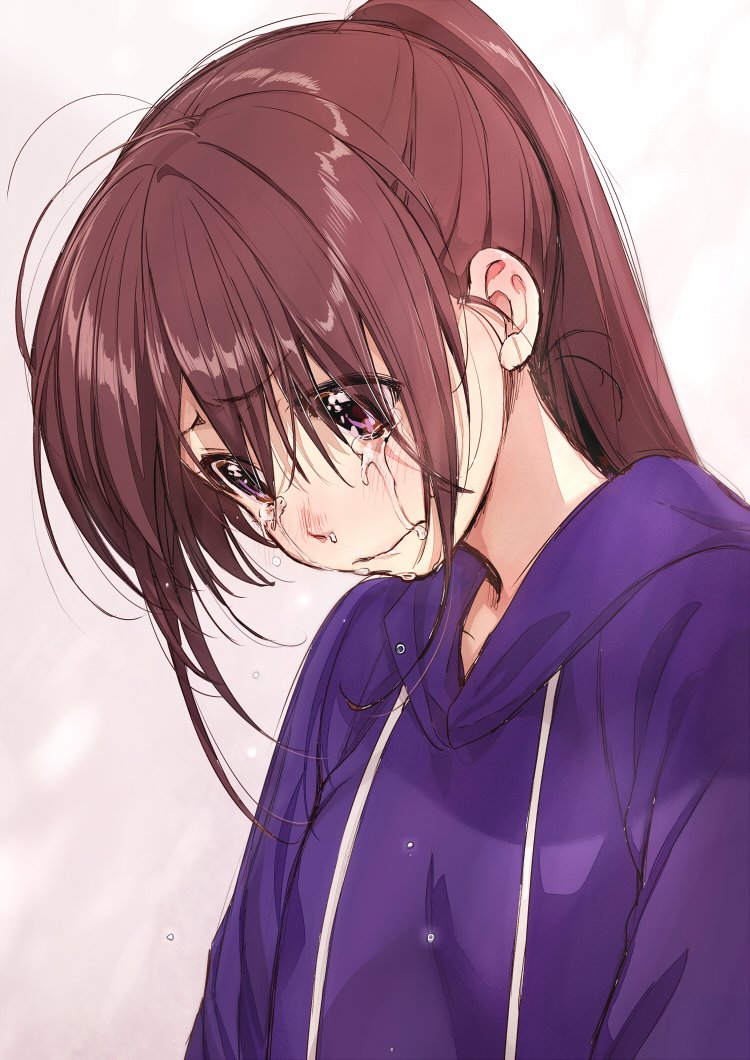 1girl bangs brown_hair closed_mouth commentary_request crying crying_with_eyes_open eyebrows_visible_through_hair eyes_visible_through_hair hood hood_down hoodie kawai_makoto long_hair looking_down original pink_eyes ponytail purple_neckwear snot solo tears upper_body