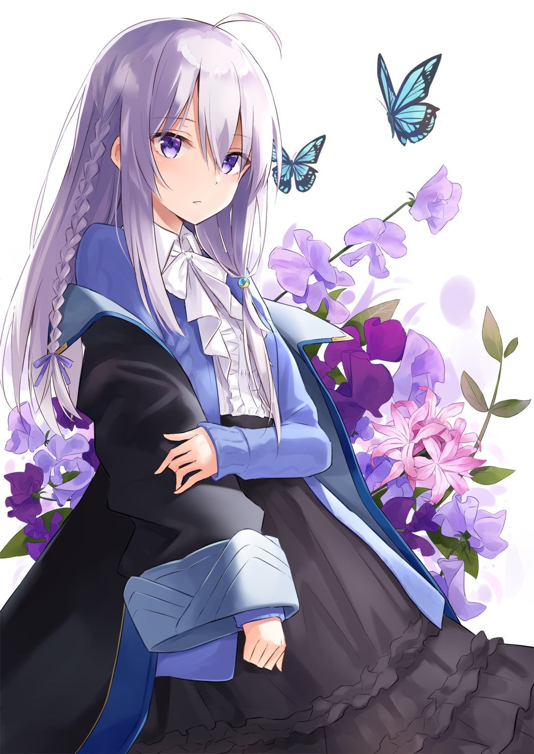 1girl ahoge ass azuuru black_skirt blue_eyes bow braid butterfly cover cover_page elaina_(majo_no_tabitabi) frilled_shirt frilled_skirt frills hair_bow hair_tie highres holding_arm insect long_hair long_skirt long_sleeves looking_at_viewer majo_no_tabitabi nerine_(flower) novel_cover official_art purple_hair shirt silver_hair skirt sweet_pea white_neckwear white_shirt wide_sleeves