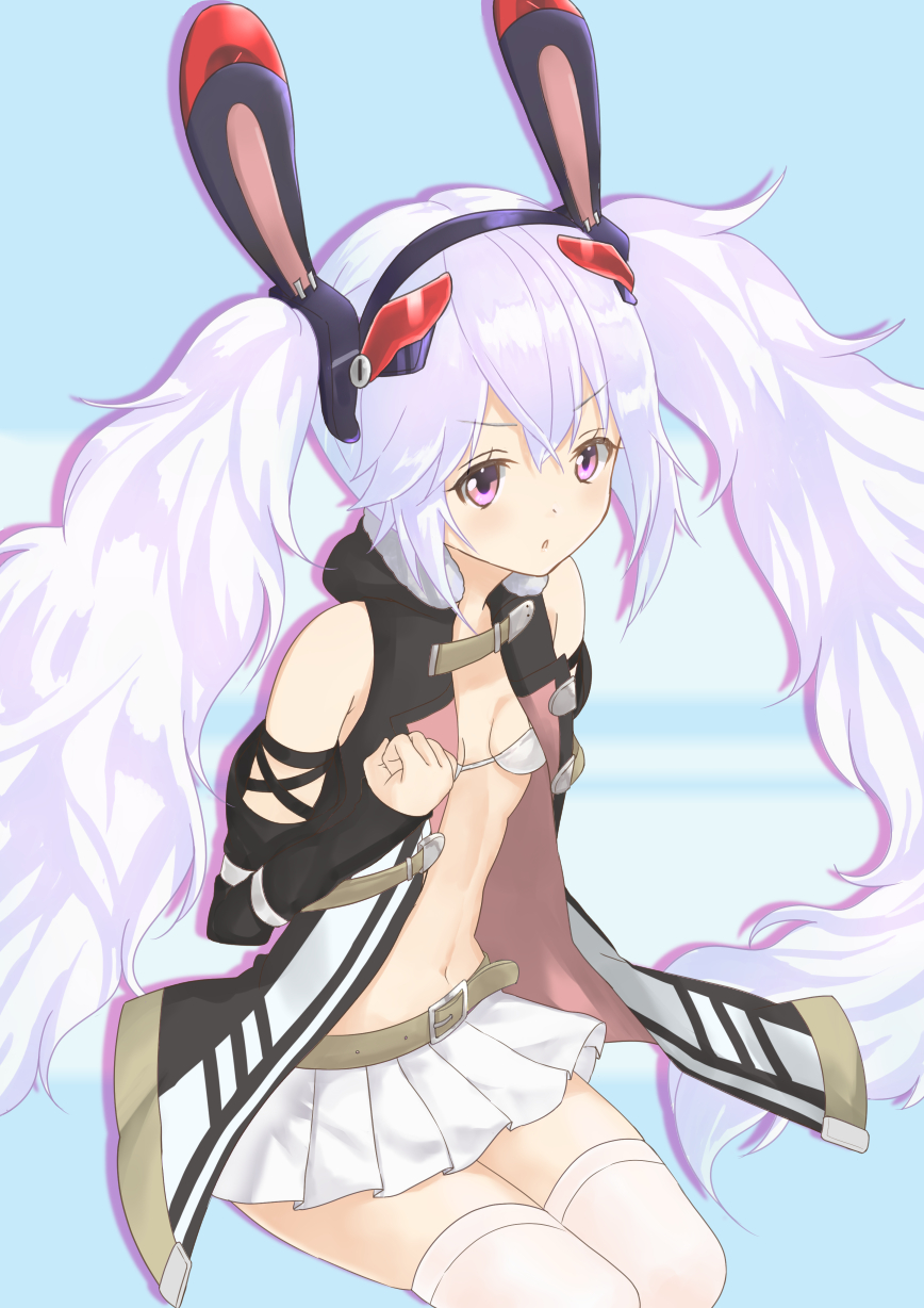 1girl animal_ears azur_lane bangs bare_shoulders belt_buckle bikini_top black_hairband black_jacket blush breasts brown_belt buckle commentary_request detached_sleeves eikura eyebrows_visible_through_hair hair_between_eyes hair_ornament hairband highres jacket laffey_(azur_lane) long_hair long_sleeves looking_at_viewer medium_breasts open_clothes open_jacket parted_lips pink_eyes pleated_skirt rabbit_ears silver_hair sitting skirt sleeveless_jacket solo thigh-highs twintails v-shaped_eyebrows very_long_hair white_bikini_top white_legwear white_skirt