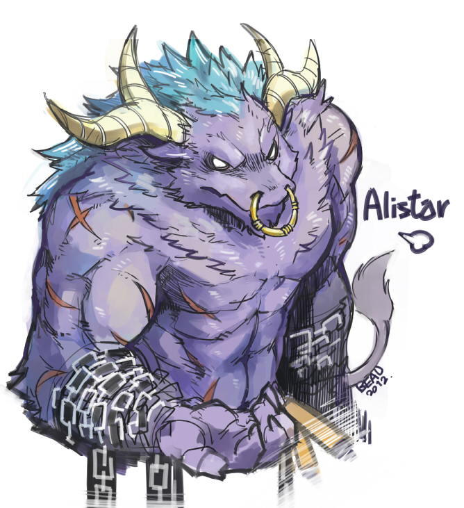 1boy abs alistar_(league_of_legends) artist_name beau_555 blue_hair chains character_name dated furry horns league_of_legends male_focus minotaur navel piercing scar shirtless simple_background solo white_background